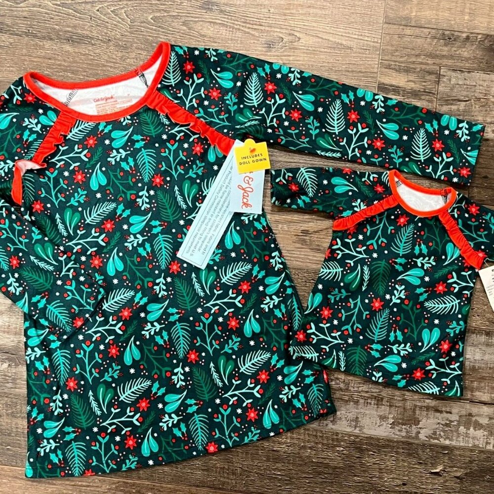 NWT Cat & Jack Toddler Girls Christmas Pajama Gown Matching Doll Set 3T